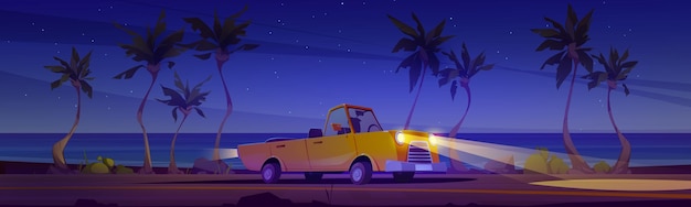 Bezpłatny wektor samochód jeżdżący drogą wzdłuż nocnej plaży samochodowej