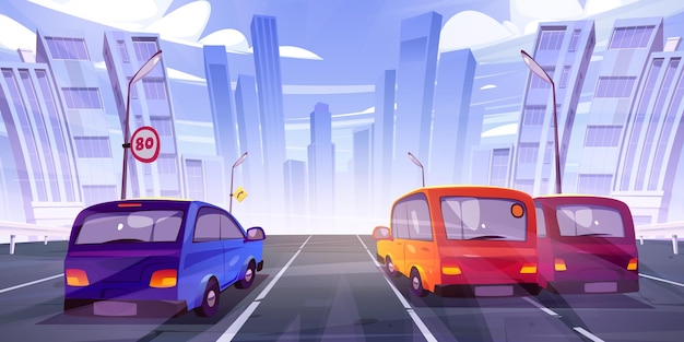 Bezpłatny wektor samochody jeżdżące po autostradzie widok z tyłu na panoramę miasta