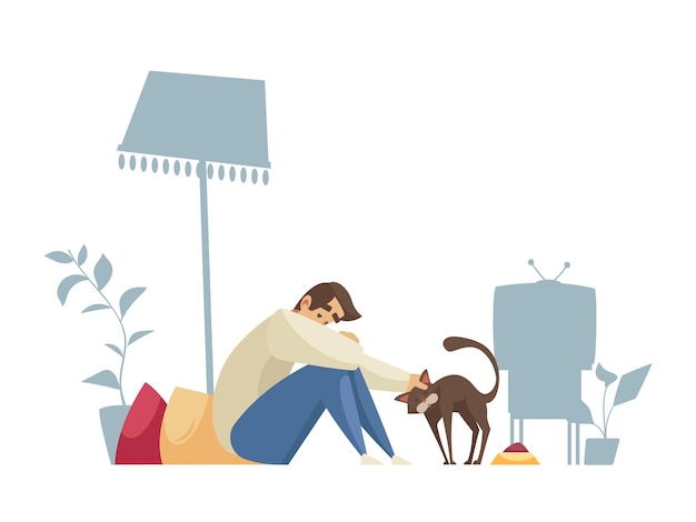 Samotna kompozycja z postacią mężczyzny siedzącego samotnie w domu z ilustracji wektorowych kota i poduszki