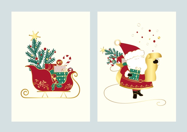 Santa I Jego Sanki Christmas Card Vector