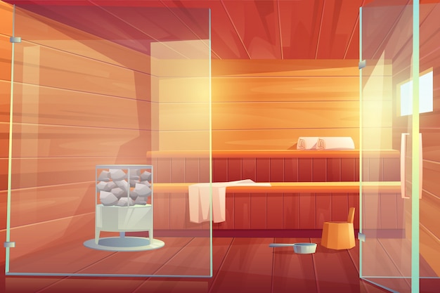 Bezpłatny wektor sauna pusty pokój ze szklanymi drzwiami drewniana łaźnia