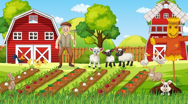 Bezpłatny wektor scena farmy w ciągu dnia ze starym rolnikiem i uroczymi zwierzętami