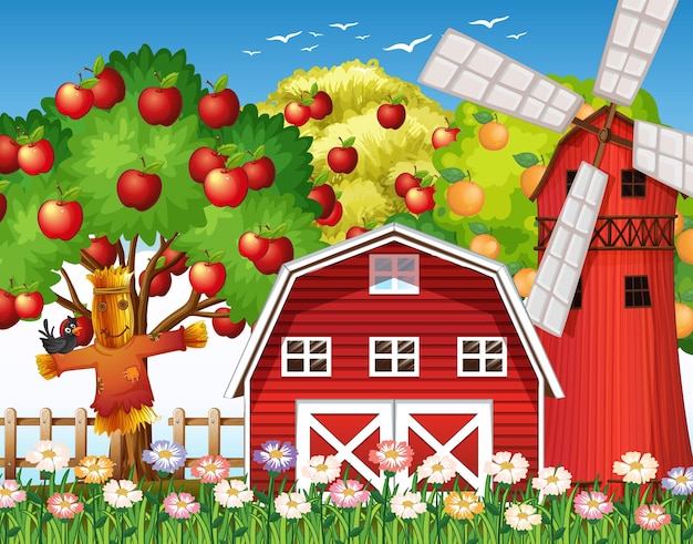 Scena farmy z czerwoną stodołą i wiatrakiem