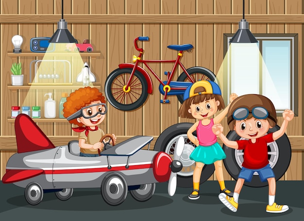 Scena garażowa z dziećmi naprawiającymi razem samochód