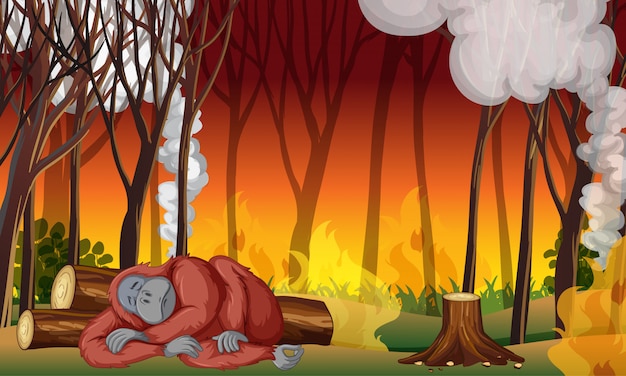 Scena kontroli zanieczyszczeń z małpą i pożarem