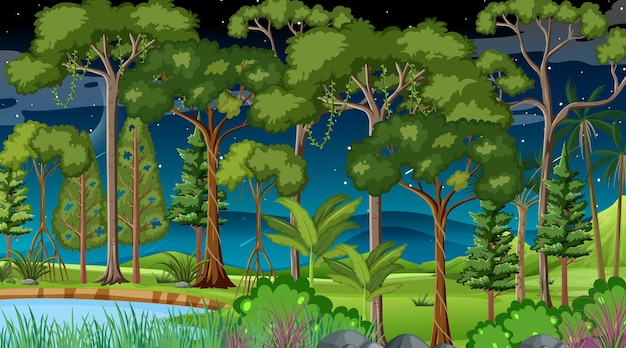 Bezpłatny wektor scena krajobrazu lasu w nocy z wieloma różnymi drzewami