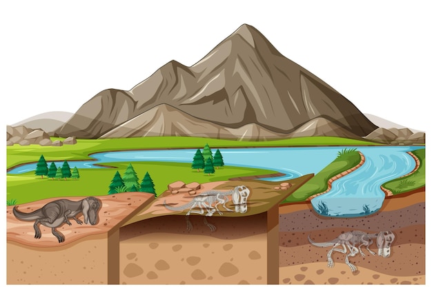 Scena Krajobrazu Przyrody W Ciągu Dnia Ze Skamieniałościami Dinozaurów W Warstwach Gleby