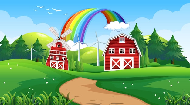 Bezpłatny wektor scena krajobrazu rolniczego ze stodołą i wiatrakiem