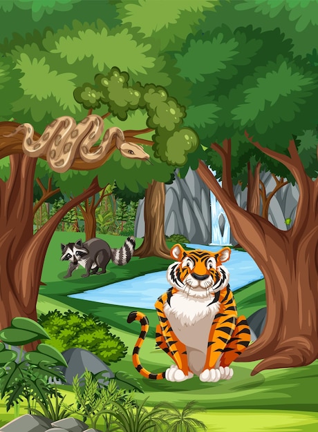 Bezpłatny wektor scena leśna z różnymi dzikimi zwierzętami