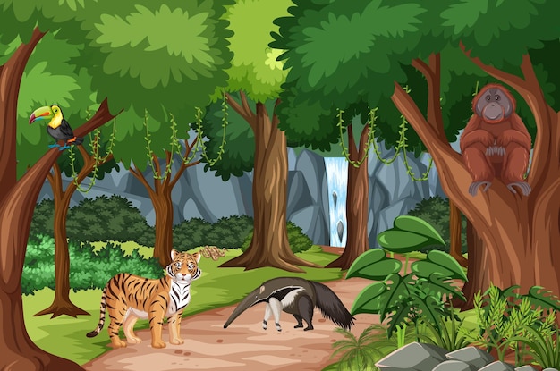 Scena leśna z różnymi dzikimi zwierzętami