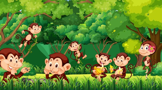 Scena leśna z zabawną kreskówką małp