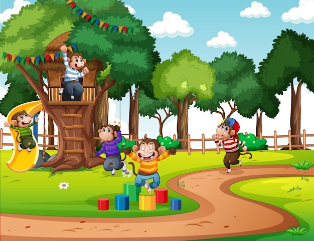 Scena na placu zabaw z wieloma małymi małpkami
