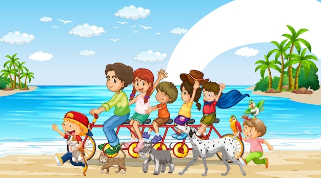 Bezpłatny wektor scena na plaży ze szczęśliwą rodziną jadącą razem na rowerze