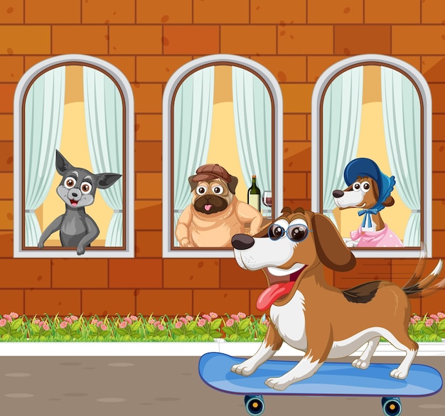Bezpłatny wektor scena na świeżym powietrzu z postacią z kreskówek ze zwierzętami domowymi
