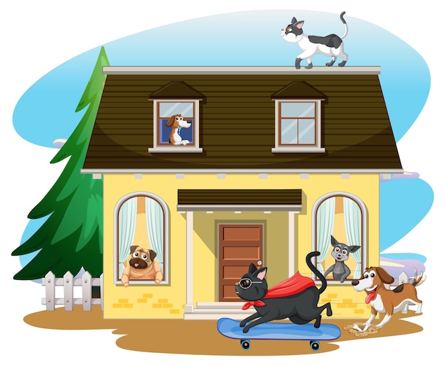 Bezpłatny wektor scena na zewnątrz domu z kreskówką zwierząt domowych