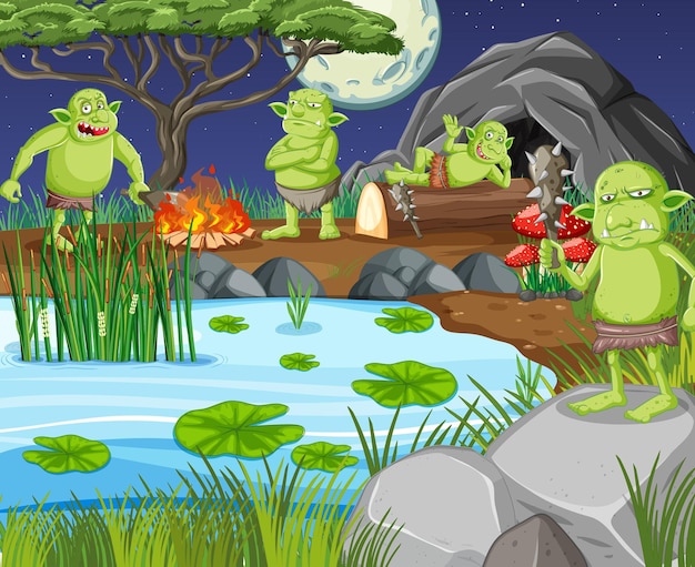Scena nocna z postacią z kreskówek goblina lub trolla