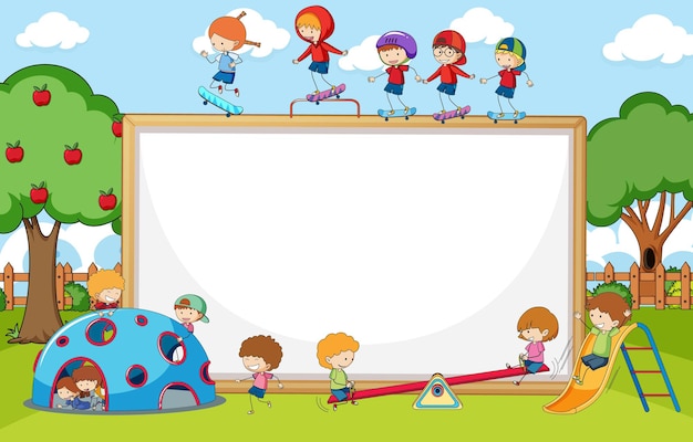 Bezpłatny wektor scena placu zabaw z pustym sztandarem, wiele dzieci doodle postać z kreskówki