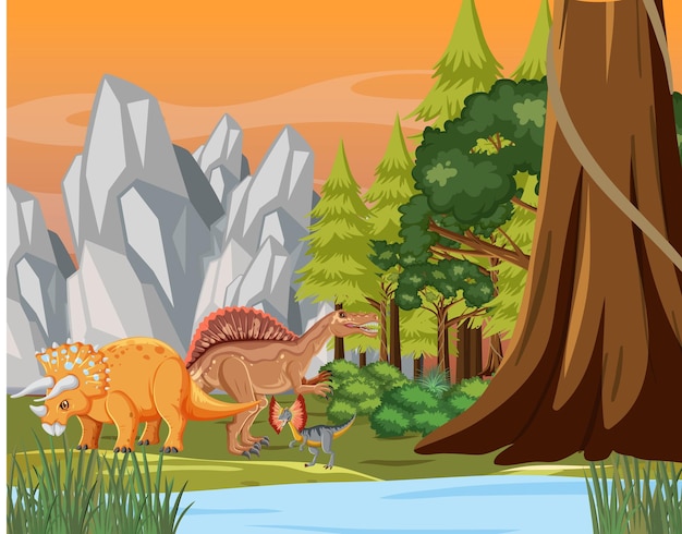 Bezpłatny wektor scena przyrody z drzewami w górach z dinozaurem