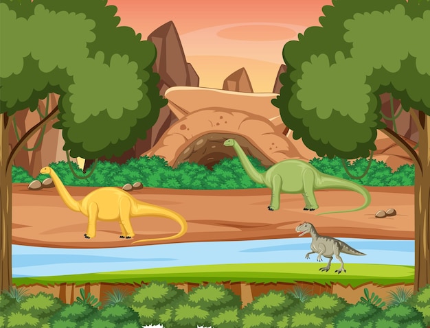 Scena Przyrody Z Drzewami W Górach Z Dinozaurem