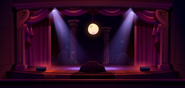 Scena teatralna z czerwonymi zasłonami reflektorów księżyc