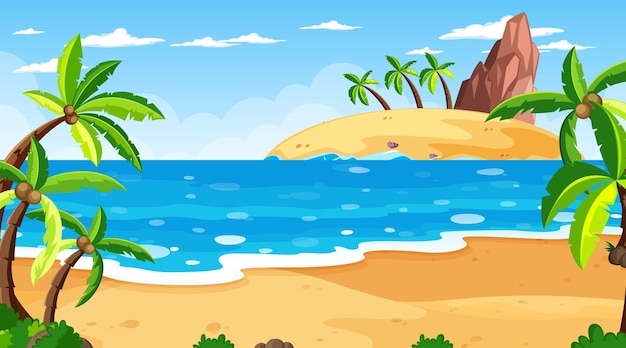Scena tropikalnej plaży z wieloma palmami w ciągu dnia
