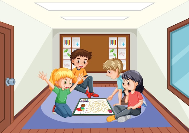Bezpłatny wektor scena w pokoju z dziećmi grającymi w grę planszową