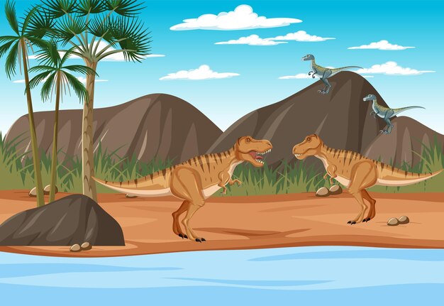 Scena z dinozaurami w lesie