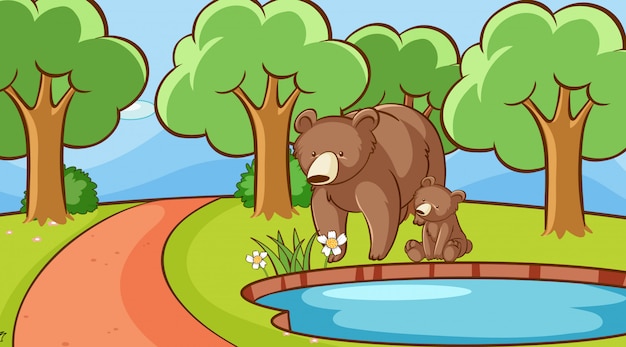 Bezpłatny wektor scena z niedźwiedziami nad stawem