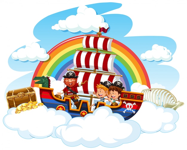 Scena z piratem i szczęśliwymi dziećmi na statku Wikingów