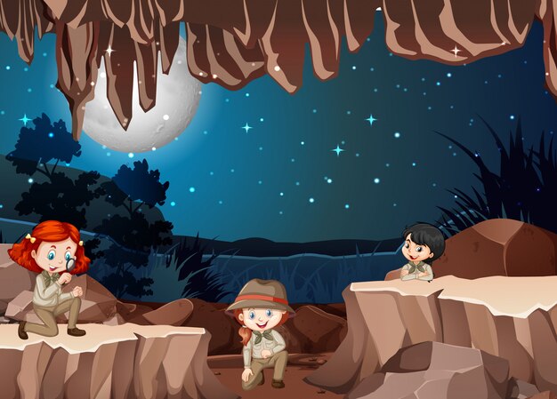 Scena z trójką dzieci w jaskini