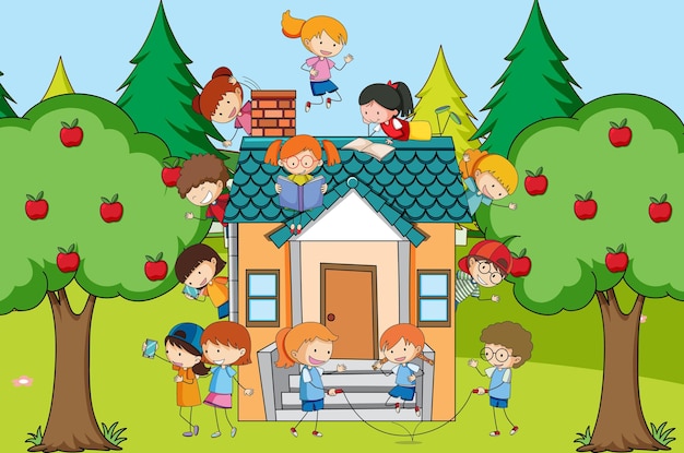 Bezpłatny wektor scena z wieloma dziećmi bawiącymi się w domu