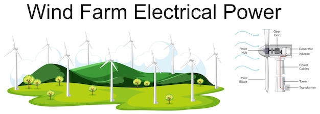 Bezpłatny wektor schemat przedstawiający energię elektryczną farmy wiatrowej