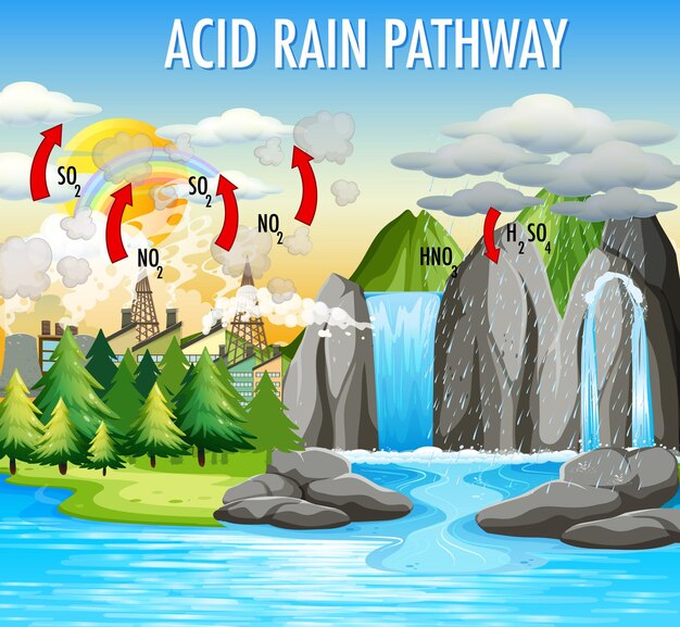 Schemat przedstawiający ścieżkę kwaśnego deszczu