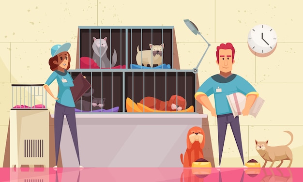 Bezpłatny wektor schronisko dla zwierząt pozioma ilustracja ze zwierzętami siedzącymi w klatkach i wolontariuszami karmienia zwierząt płaskich