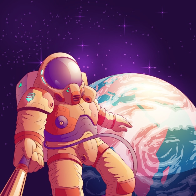 Selfie w kosmosie kreskówki ilustracja z astronauta w futurystycznym astronautycznym kostiumu
