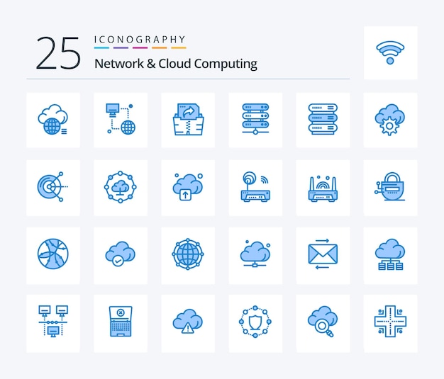 Sieć i przetwarzanie w chmurze 25 Pakiet ikon w kolorze niebieskim, w tym komputery sieciowe monitorujące przechowywanie sprzętu