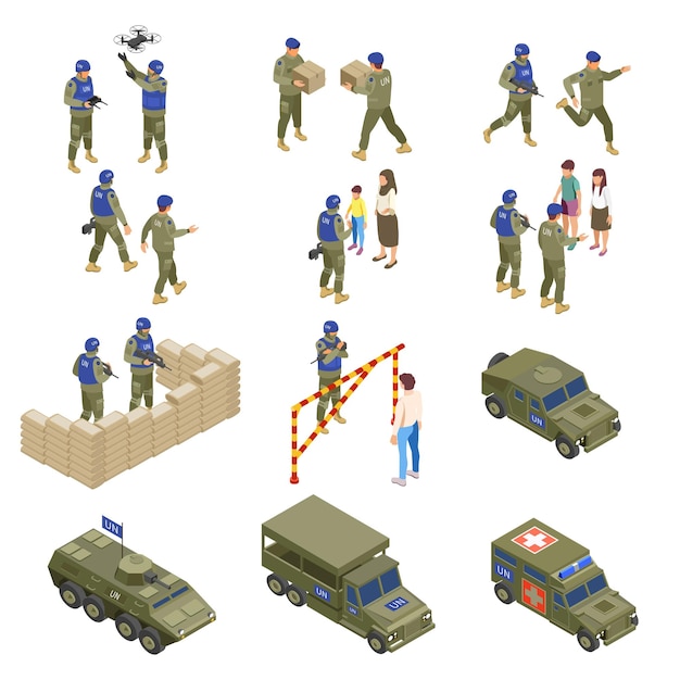 Bezpłatny wektor siły pokojowe onz żołnierze oficerowie wojskowi udzielający pomocy humanitarnej za pomocą dronów uzbrojonych pojazdów konwojowych izometryczny zestaw ilustracji wektorowych