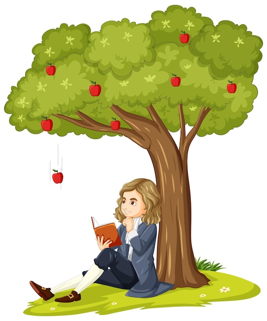 Sir Isaac Newton siedzący pod jabłonią i czytający książkę