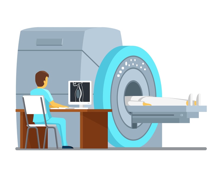 Bezpłatny plik Wektor skan mri i diagnostyka. koncepcja wektor zdrowia i opieki. diagnostyczny pacjent z rezonansem magnetycznym, szpital mri, technologia skanowania mri. ilustracji wektorowych