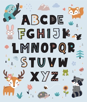 Skandynawskie zwierzęta alfabetu z jeleniem i przyjaciółmi