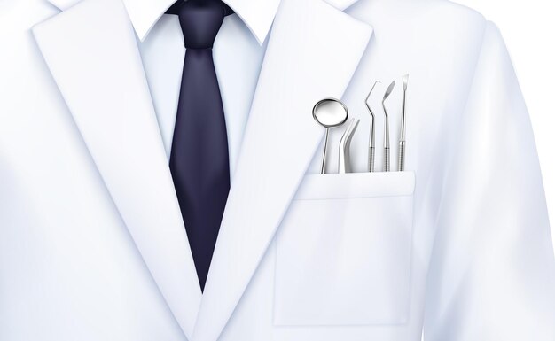 Skład dentysty stomatologicznego z realistycznym wizerunkiem białego płaszcza z krawatem i narzędziami w ilustracji kieszeni na klatce piersiowej