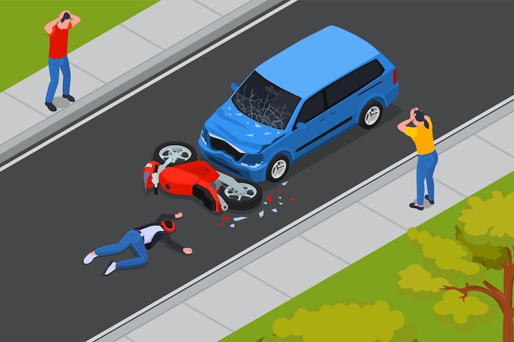 Bezpłatny plik Wektor skład izometryczny wypadku drogowego z wypadkiem między samochodem a motocyklem rannym motocyklistą na ilustracji wektorowych osób postronnych na drodze