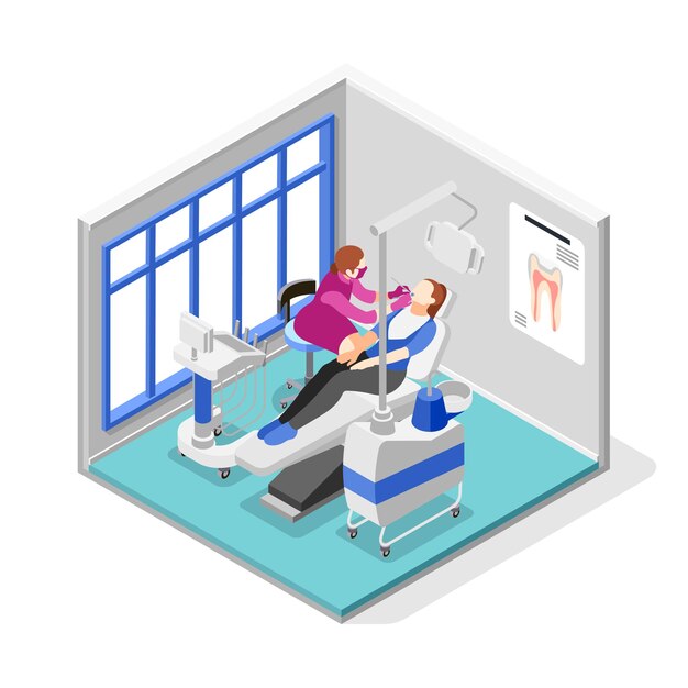 Skład izometryczny z osobą mającą kontrolę stomatologiczną w klinice ilustracja 3d