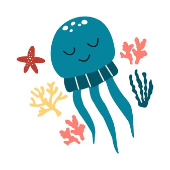 Skład meduz zwierząt morskich i roślin wodnych. zestaw ilustracji wektorowych życia morskiego.