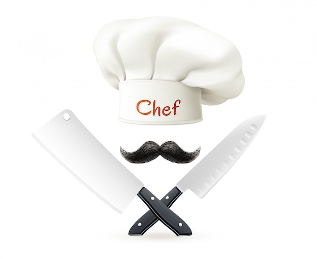 Bezpłatny wektor skład z kapelusz szefa kuchni z czerwonym napis wąsy i skrzyżowane noże na białym tle ilustracji wektorowych