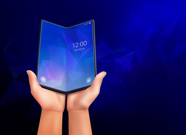 Składana realistyczna kompozycja smartfona z ciemnoniebieskim tłem otoczenia i otwartym telefonem leżącym w ludzkich rękach