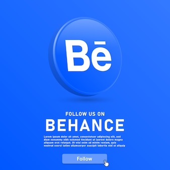 Śledź nas na logo behance 3d z przyciskiem sieciowym i ikoną kursora myszy dla logo ikon mediów społecznościowych