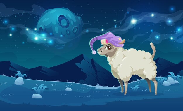 Śliczna alpaka w śpiącym kapeluszu na łąkach w peruwiańskich górach w nocy. Ilustracja kreskówka wektor zabawnej lamy z lokówki i krajobraz ze skałami, trawą, księżycem i gwiazdami na niebie