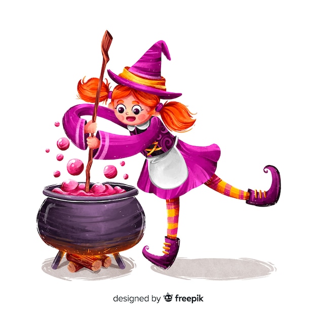 Bezpłatny wektor Śliczna czarownica halloween robi czarowi