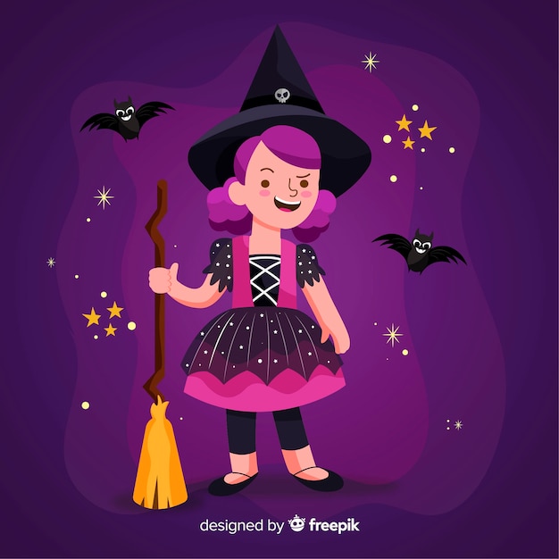 Bezpłatny wektor Śliczna czarownica halloween z miotłą